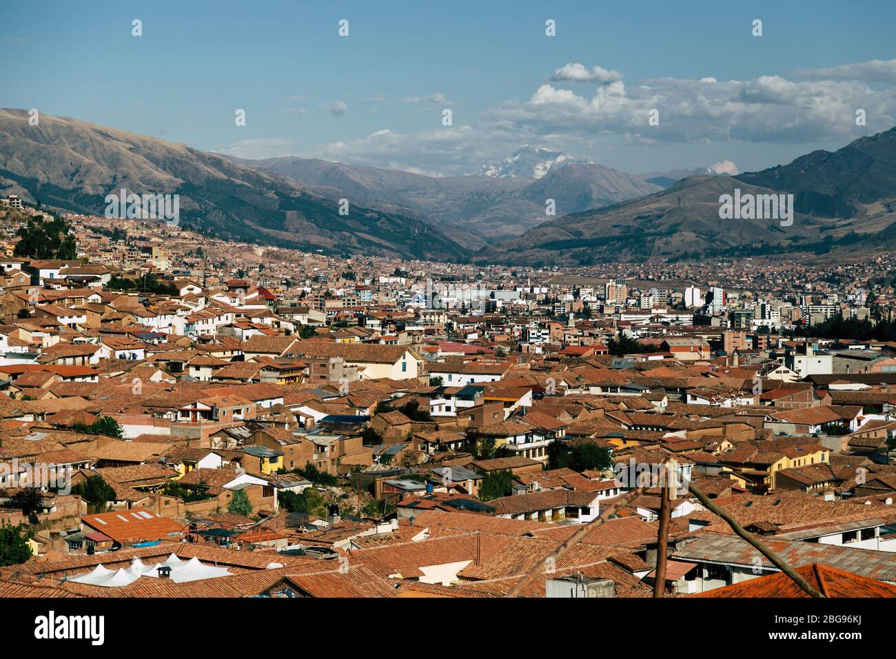 Areal view of Cusco, the beautiful Peruvian town near the Urubamba Valley of the Andes mountain range Stock Photo