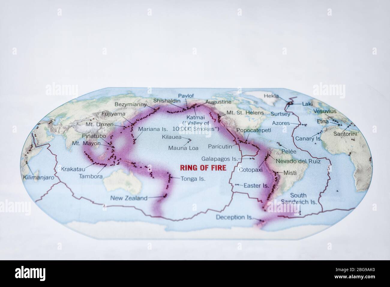 World map showing the Pacific ring of fire and boundaries of tectonic plates, color,  **EDITORIAL USE ONLY** Stock Photo