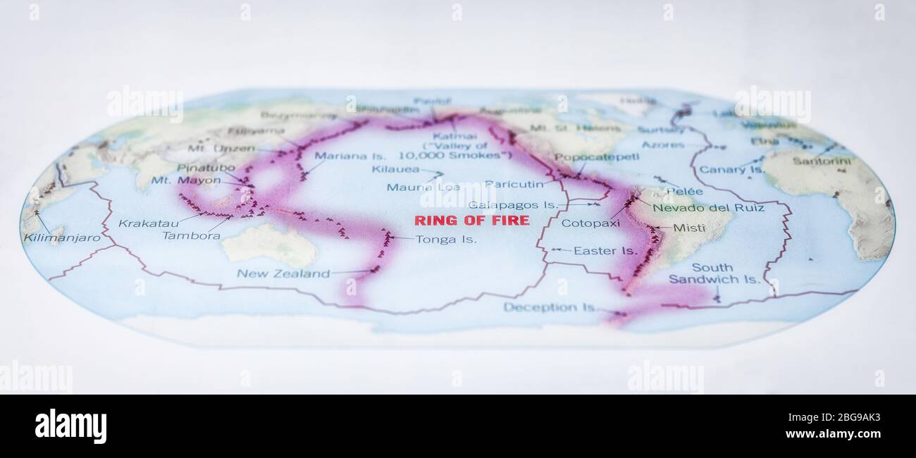 World map showing the Pacific ring of fire and boundaries of tectonic plates, color,  **EDITORIAL USE ONLY** Stock Photo