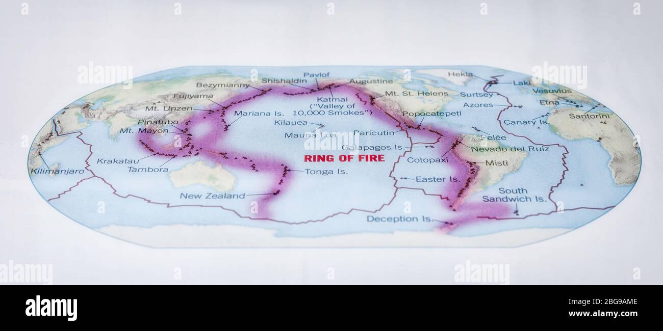 World map showing the Pacific ring of fire and boundaries of tectonic plates,  color, **EDITORIAL USE ONLY** Stock Photo - Alamy