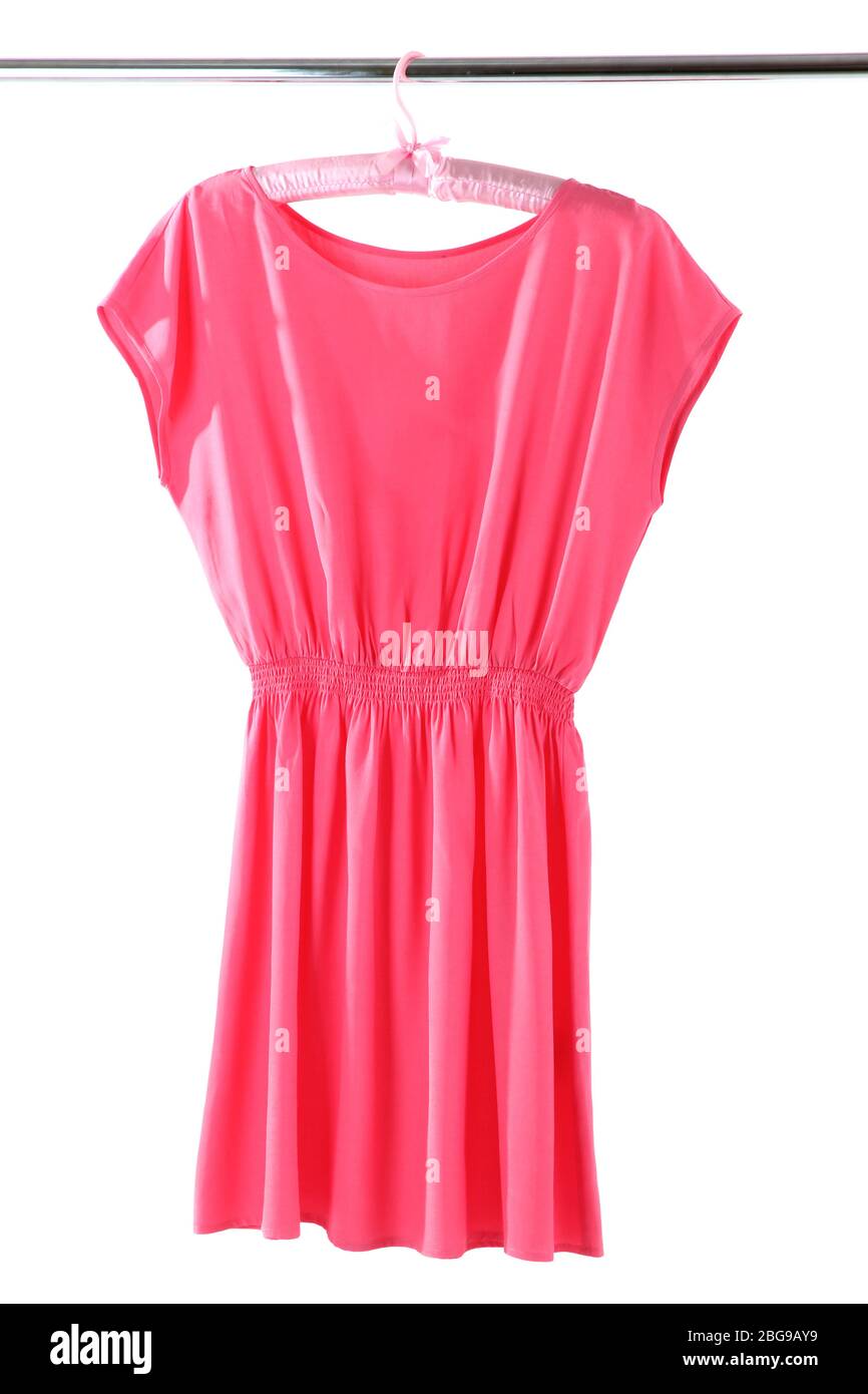 Beautiful pink dress hanging on hangers isolated on white Stock Photo