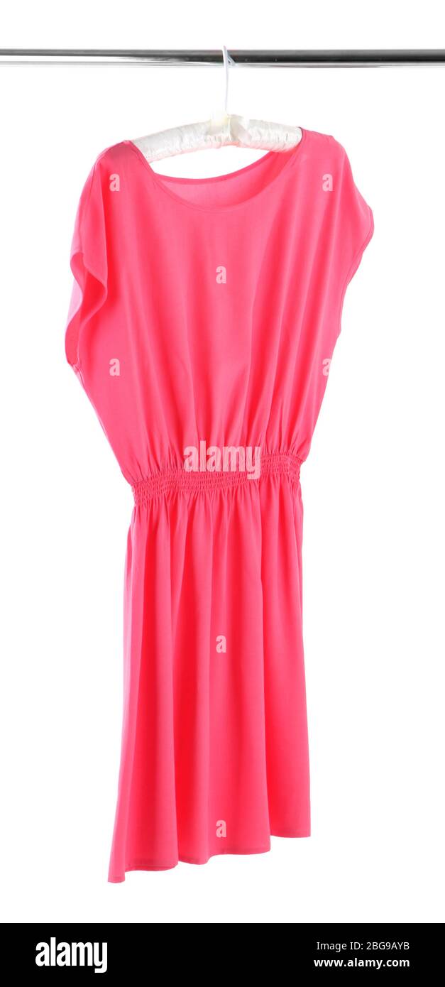 Beautiful pink dress hanging on hangers isolated on white Stock Photo