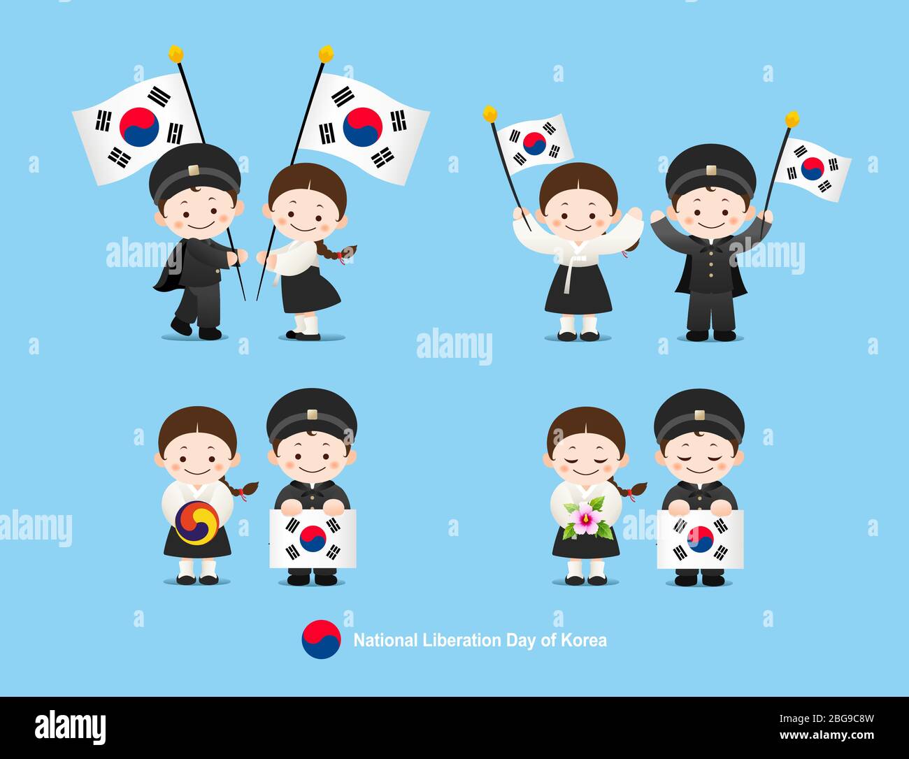 Liberation Day. Taegeukgi and Hanbok Children's Couple Stock Vector