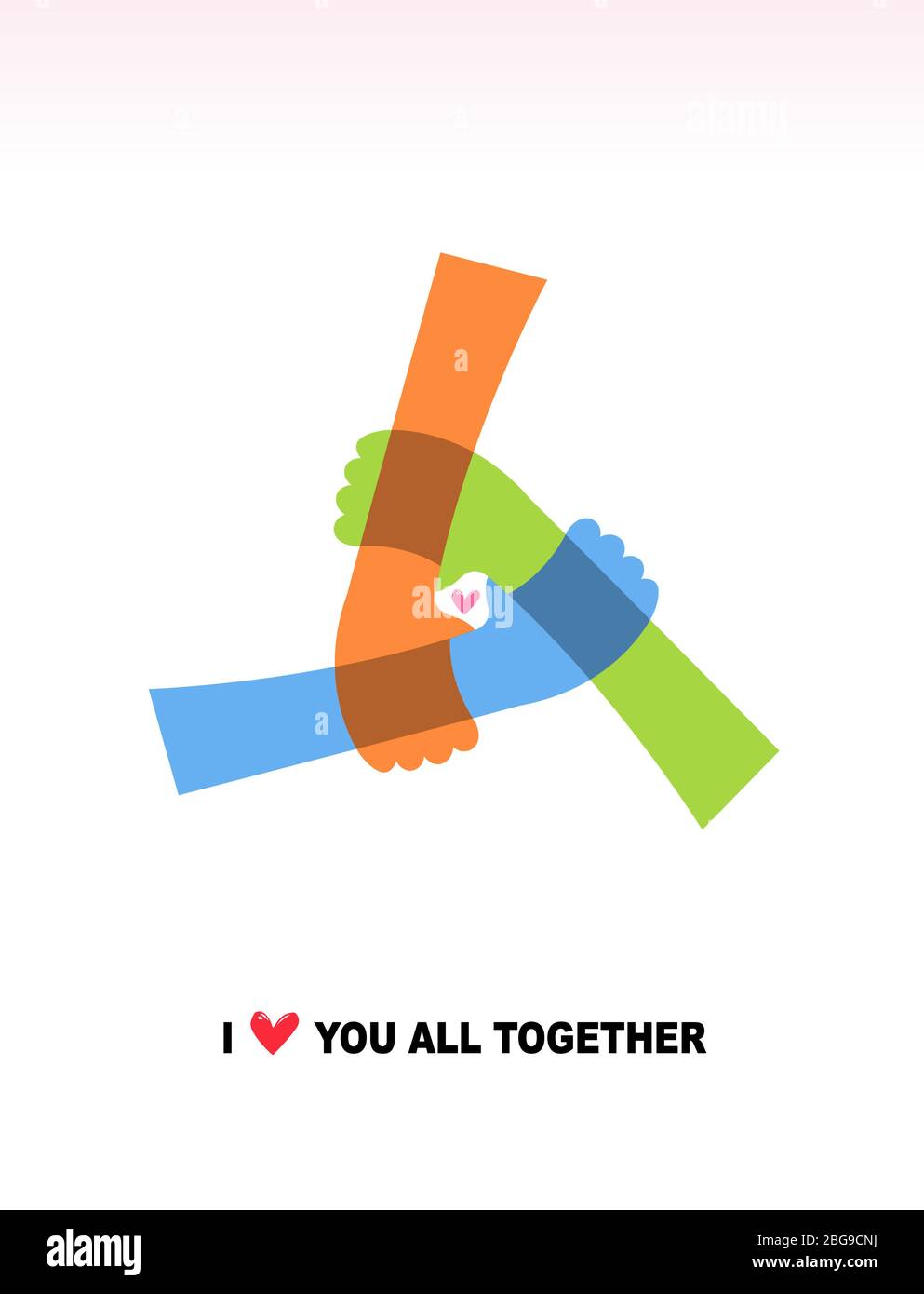 Three hands are connected, and there are hearts in the middle. I love you all together. Concept Stock Vector