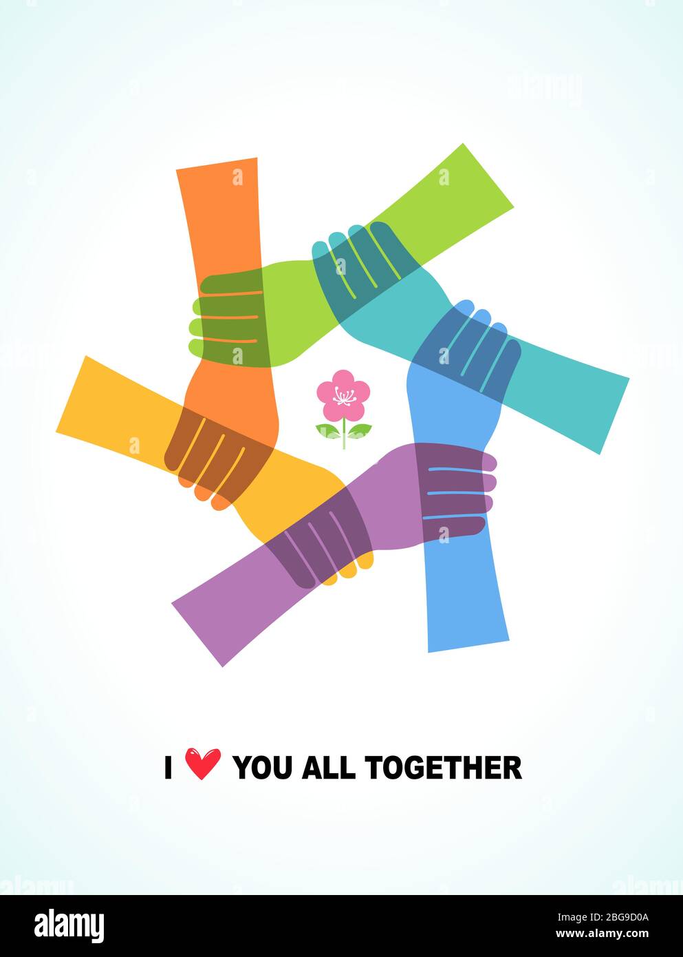 Six connected hands and a middle flower. I love you all together concept Stock Vector
