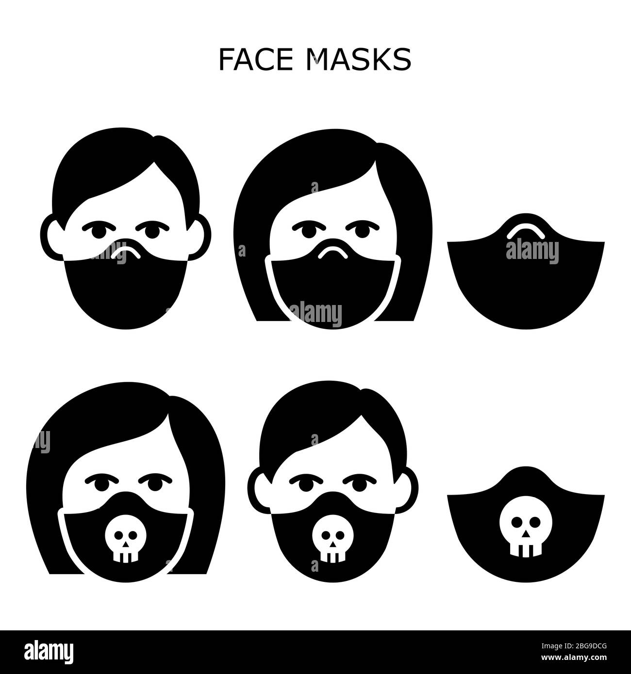 Man and woman wearing safety face masks vector icons set - masks worn during self-distancing to prevent disease, virus, air pollution Stock Vector