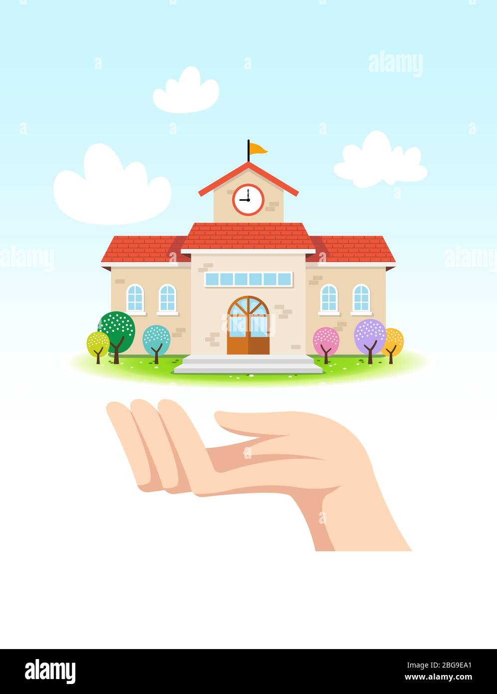 Sunny day, school building and support, hand cooperation, concept illustration design Stock Vector