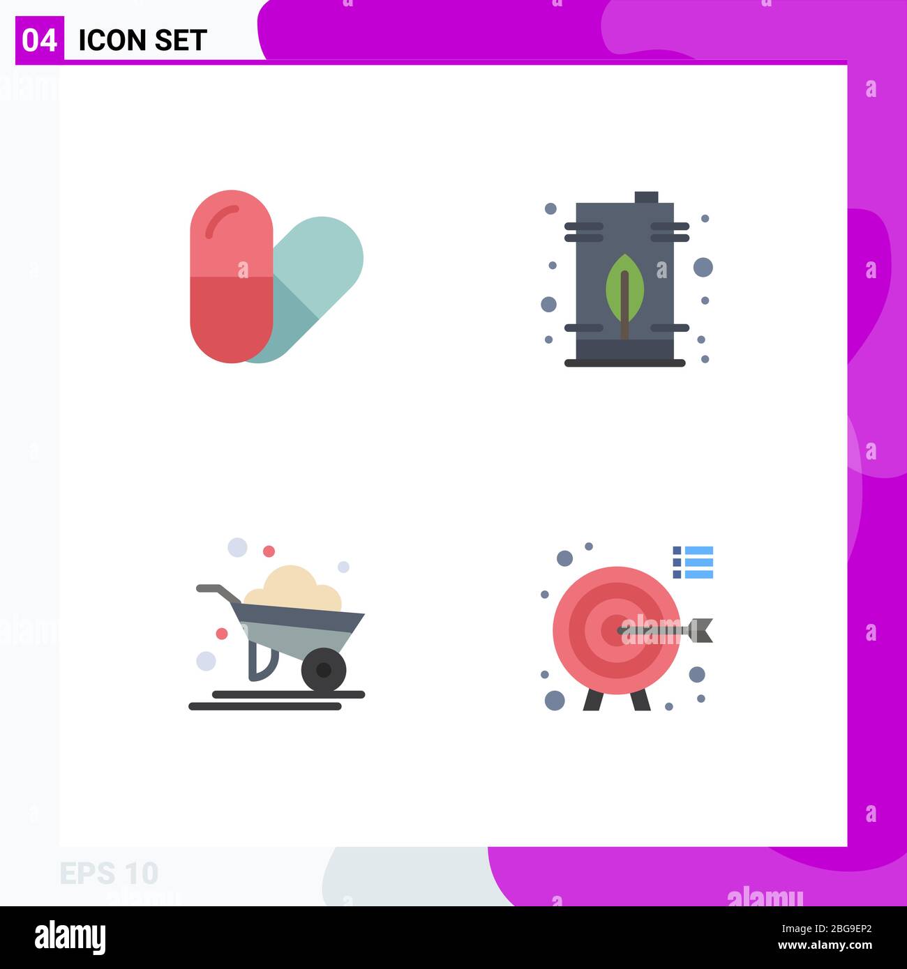 Set of 4 Commercial Flat Icons pack for pill, farming, electric, tank, darts Editable Vector Design Elements Stock Vector