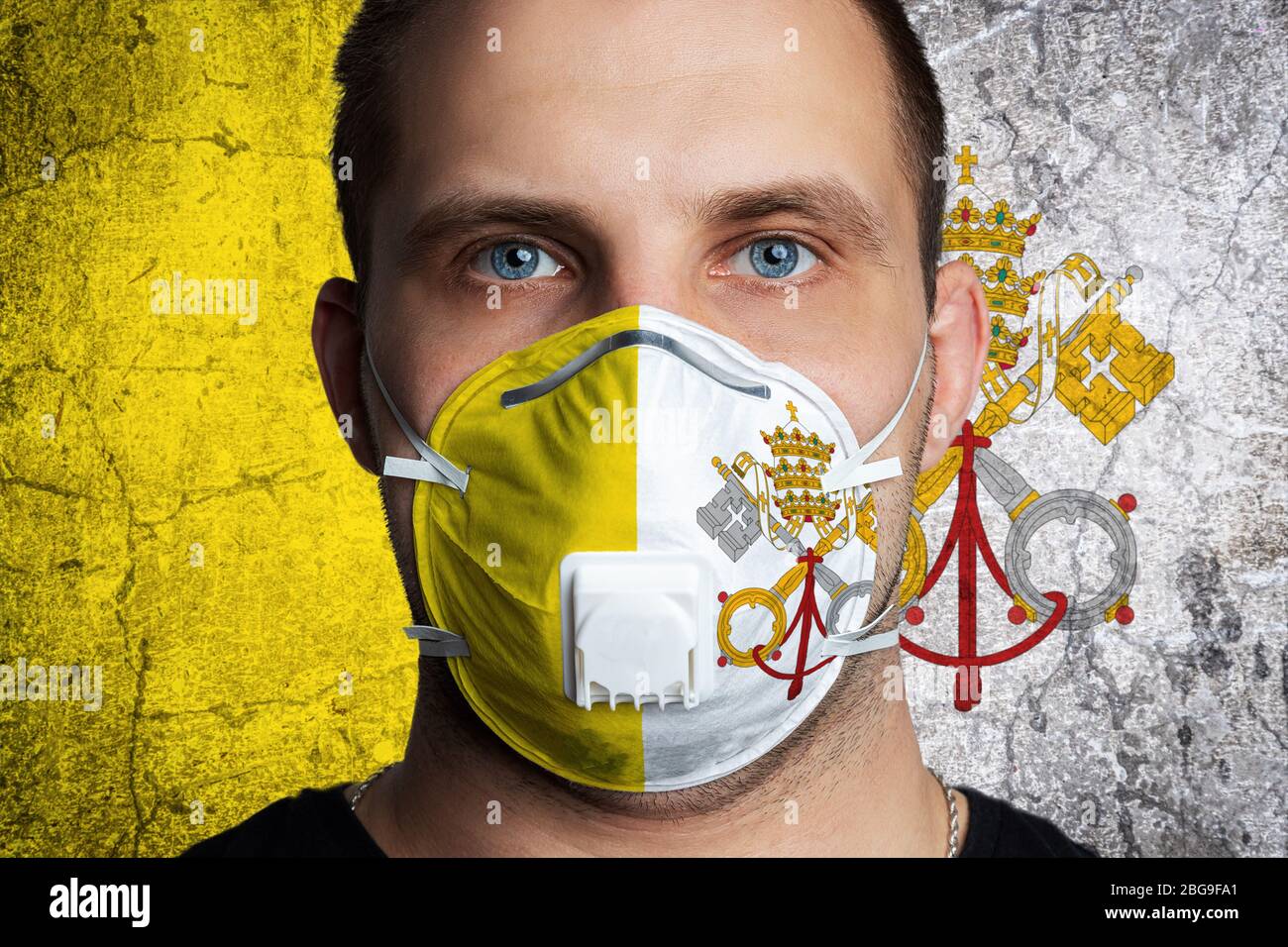 Vatican Mask Young man with sore eyes in a medical mask painted in the colors of the ...