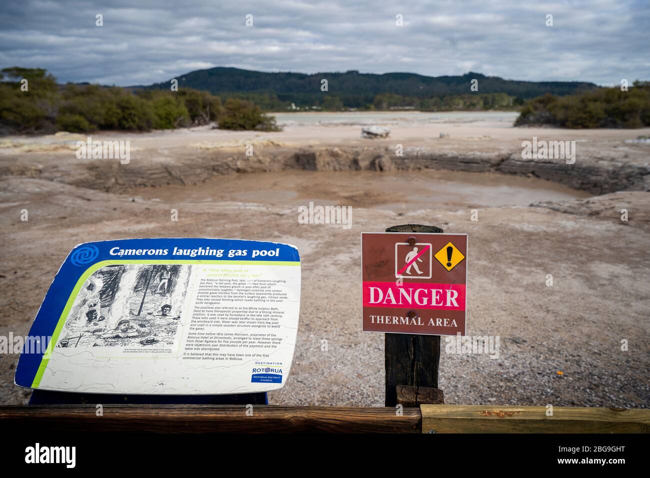 Danger and information signs at Cameron's Laughing Gas Pools, Sulphur Point Walk, Rotorua, North Island, New Zealand Stock Photo