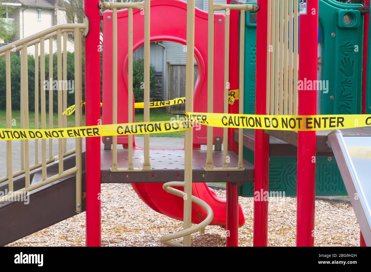 Caution Do No Enter Yellow Tape Around Playground Equipment During