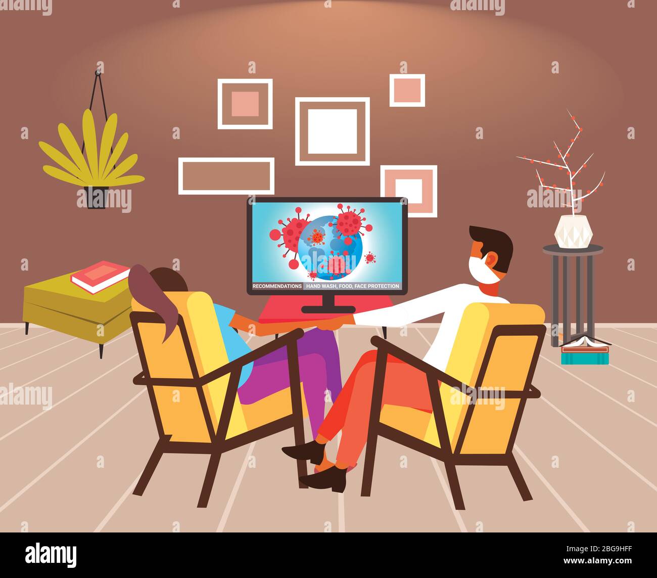 couple sitting at home on self-isolation man woman in masks watching tv 2019-nCoV flu spreading of world floating influenza virus concept living room interior horizontal vector illustration Stock Vector