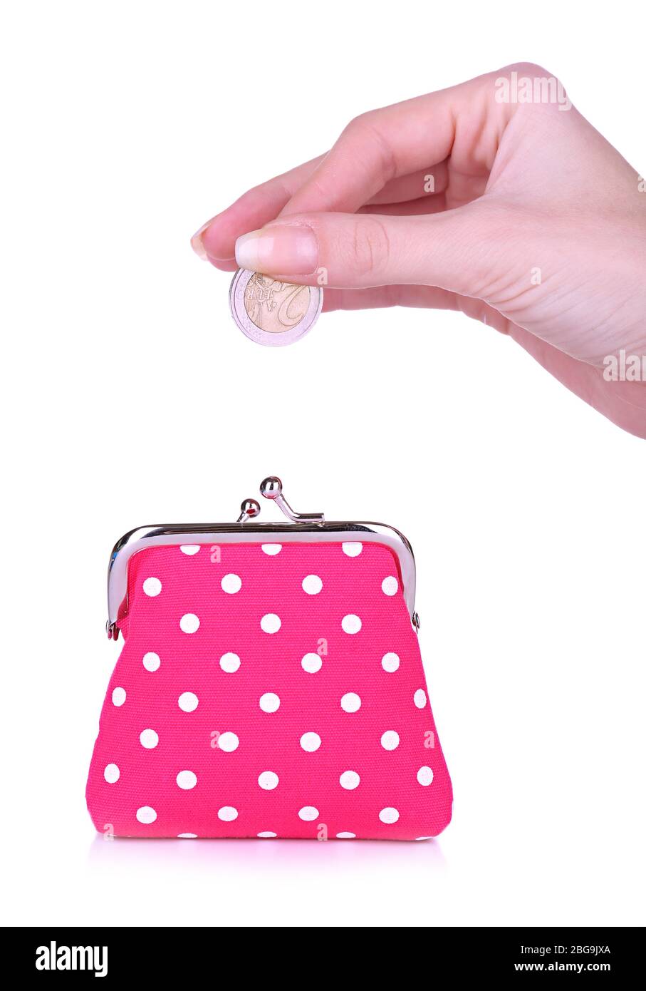 Pink purse and coin in female hand isolated on white Stock Photo - Alamy