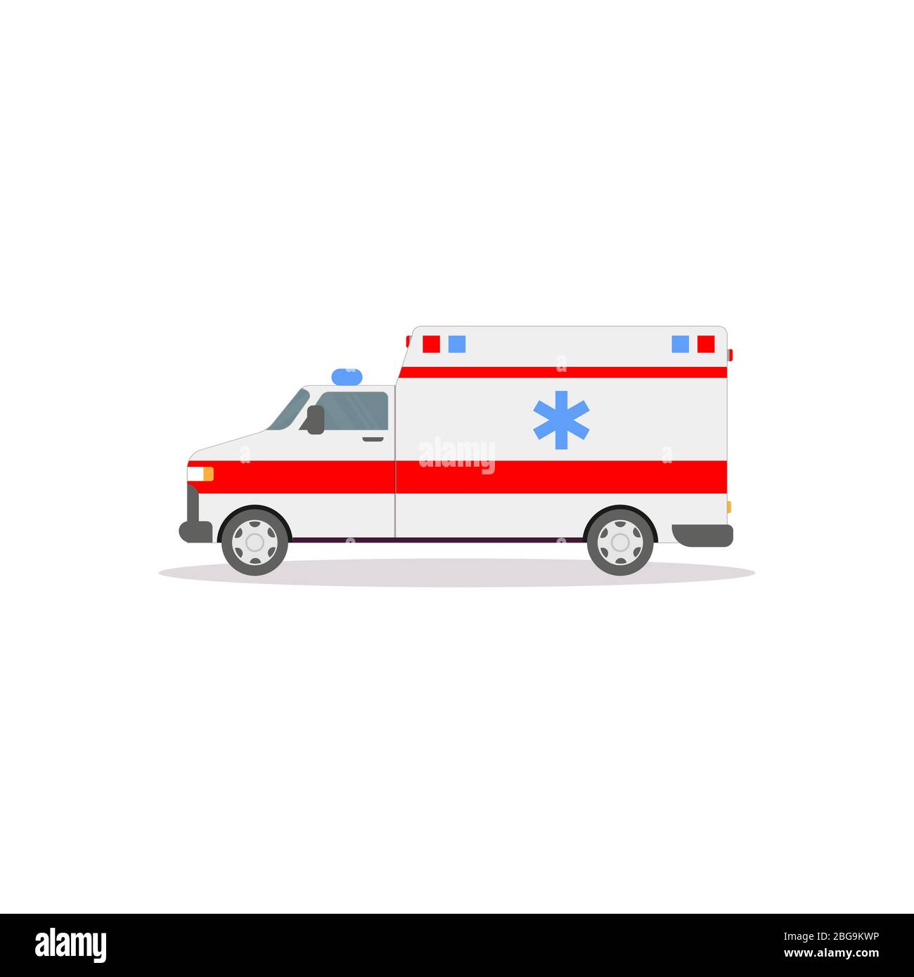 Side view of ambulance car with lights. Flat style vector illustration. Vehicle and transport banner. Modern ambulance american car. First aid van wit Stock Vector