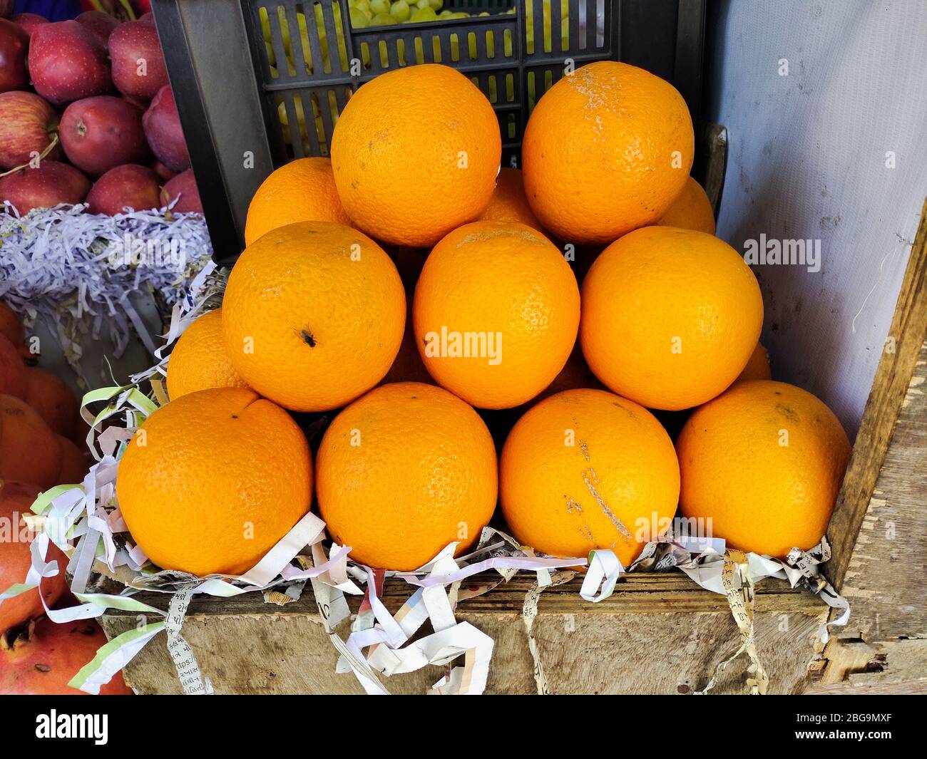 Selling Juicy fresh ripe orange, closeup. Wholesale market. Orange in a