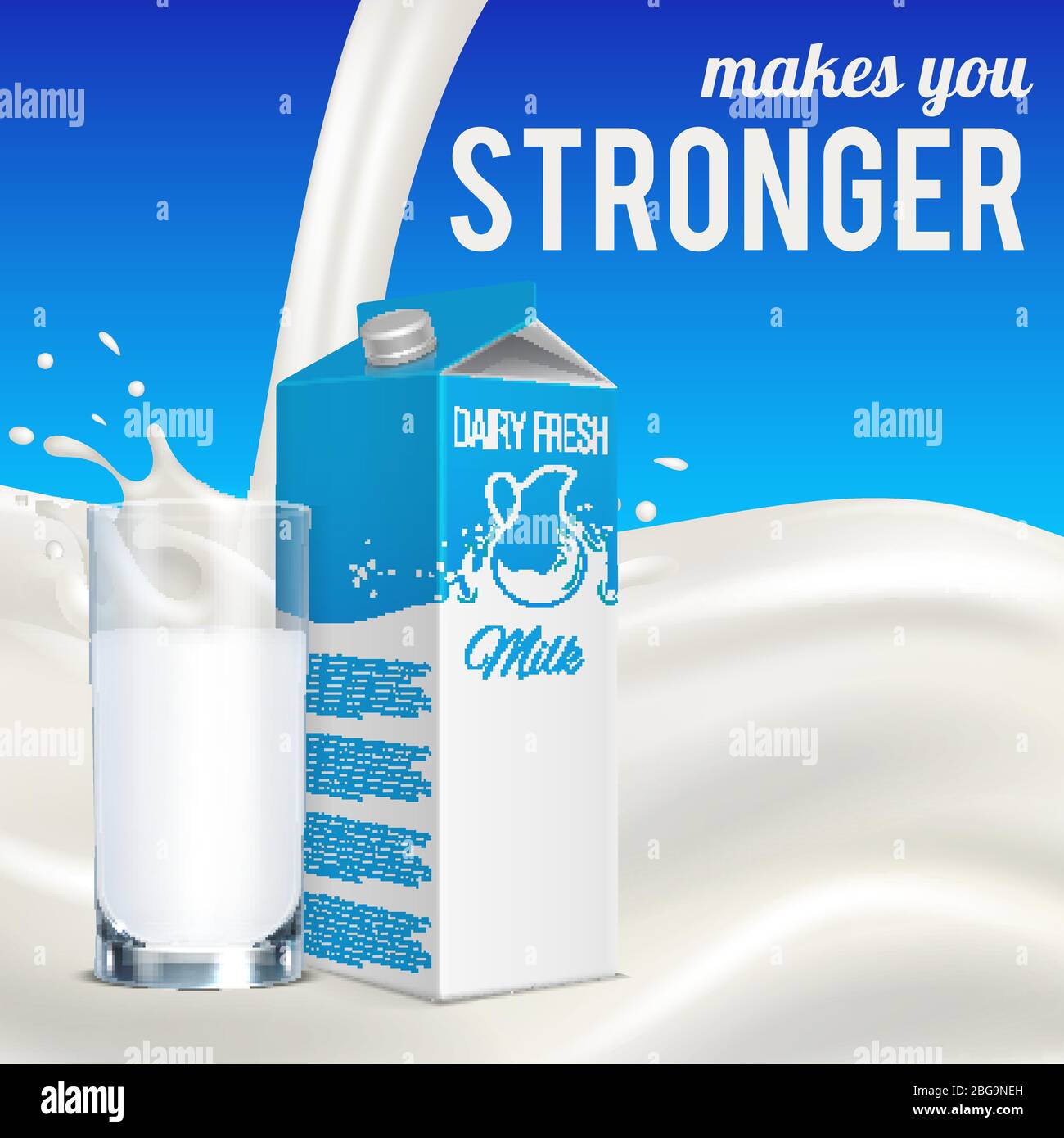 Milk advertising concept. Realistic milk box with cup on blue background with motivating text. Milk drink in box, beverage fresh for breakfast. Vector illustration Stock Vector