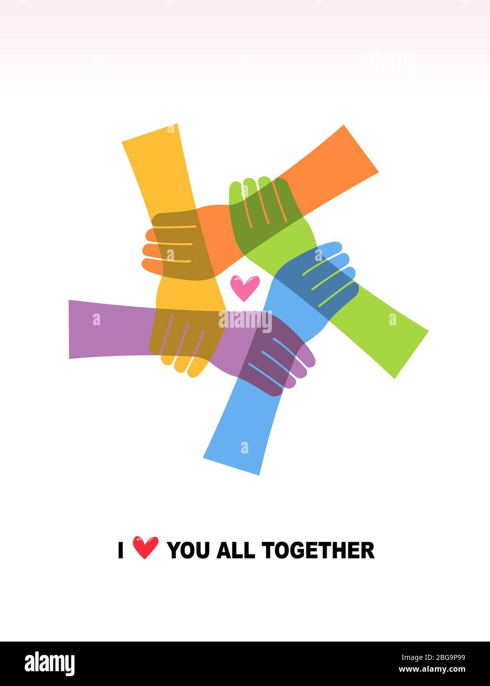 Five hands are connected, and there are hearts in the middle. I love you all together. Concept Stock Vector