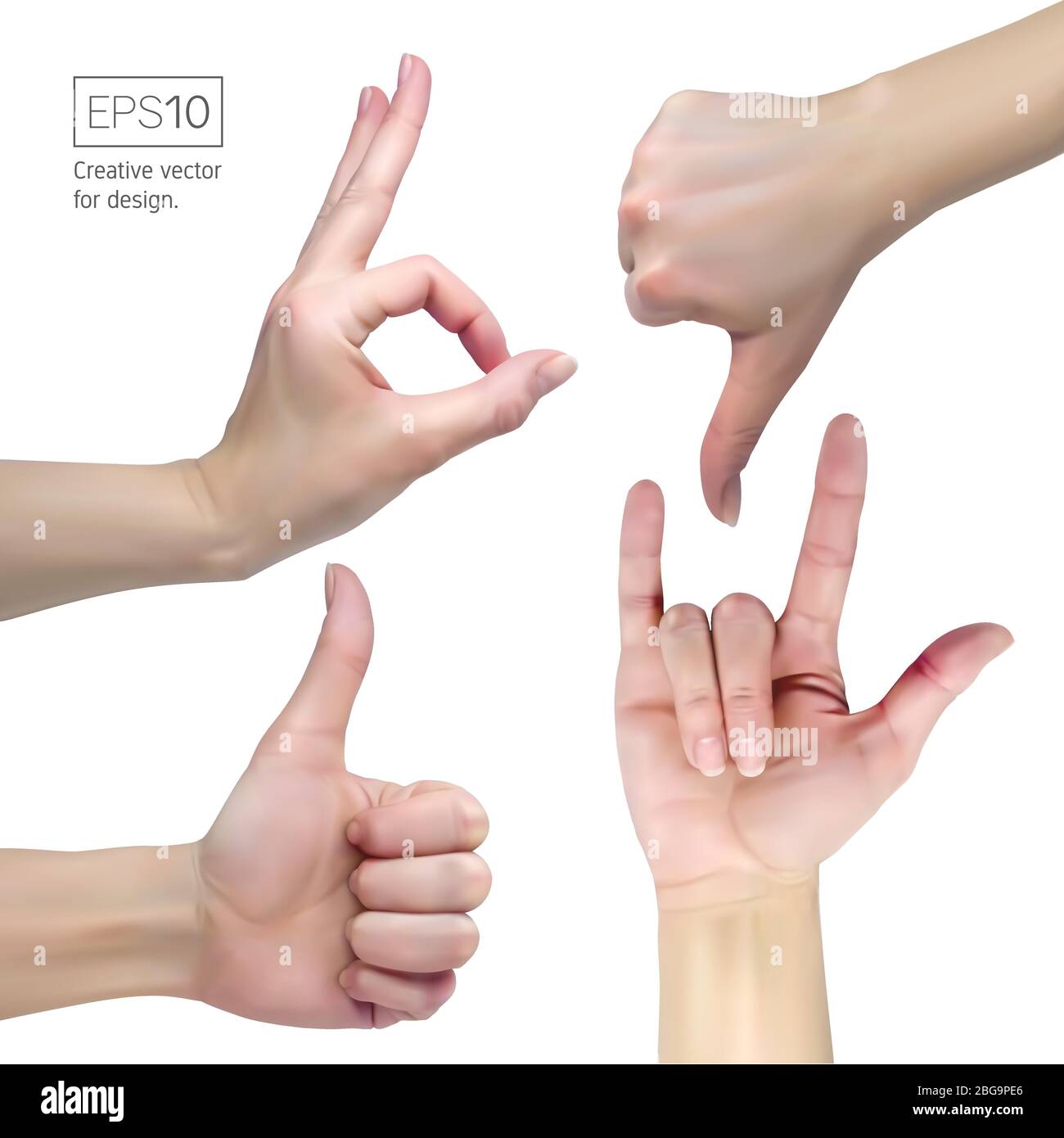 Female hand on a white background shows various sign Stock Vector