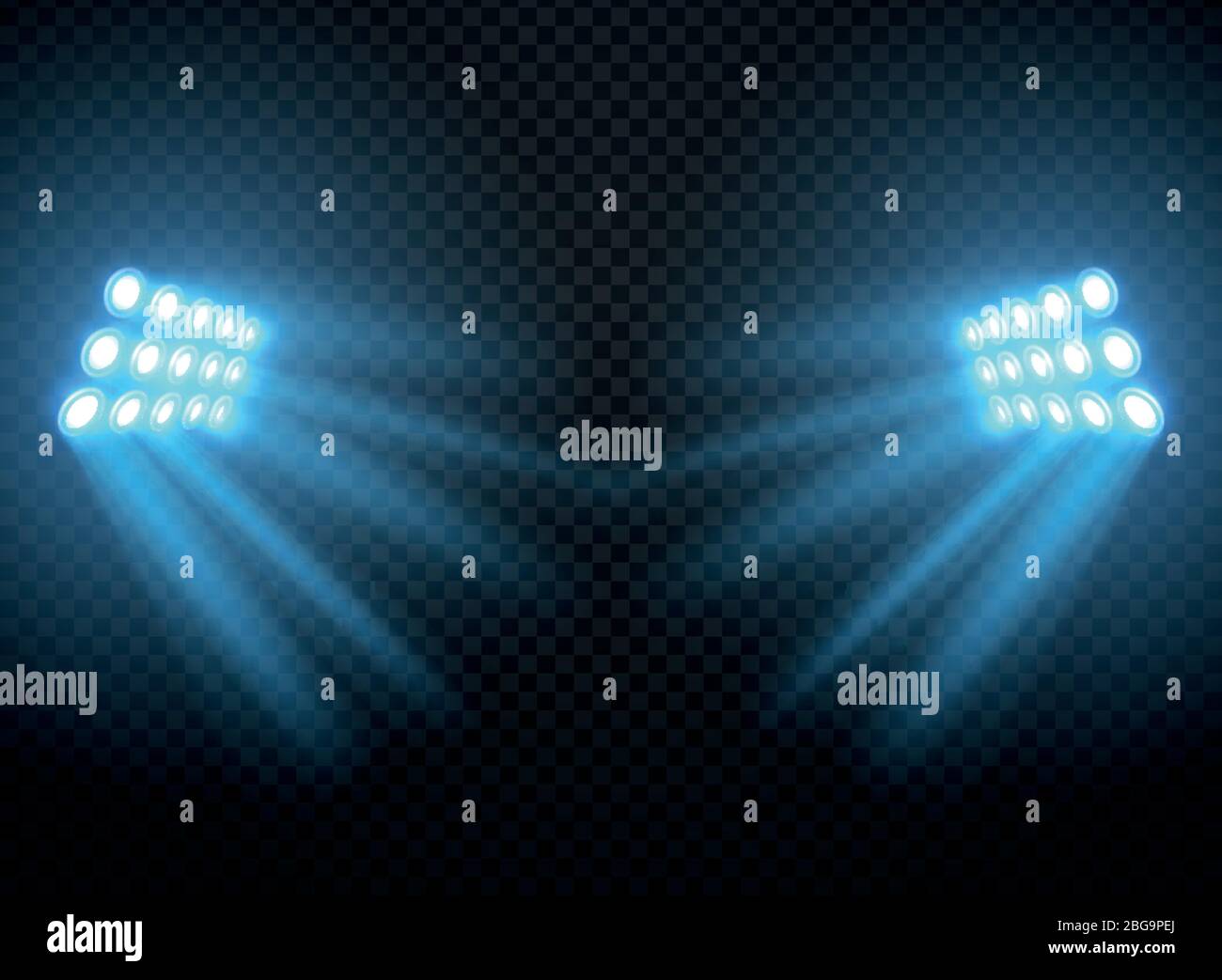 Stadium lights, shiny projectors isolated. Vector spotlight template. Lighti projector illuminated for concert and game illustration Stock Vector