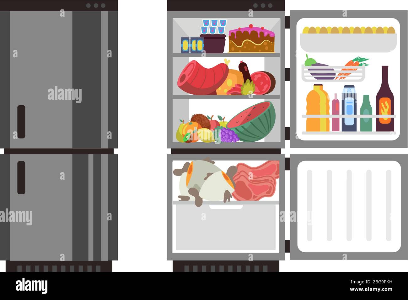 Open and close refrigerator. Kitchen fridge with food. Fridge with food, illustration of full refrigerator vector Stock Vector