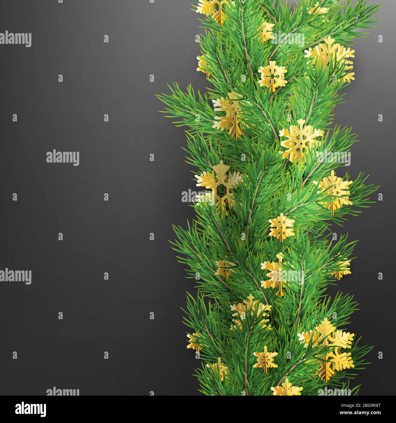 Christmas border made of realistic looking pine branches with gold foil snowflakes on black. EPS 10 Stock Vector