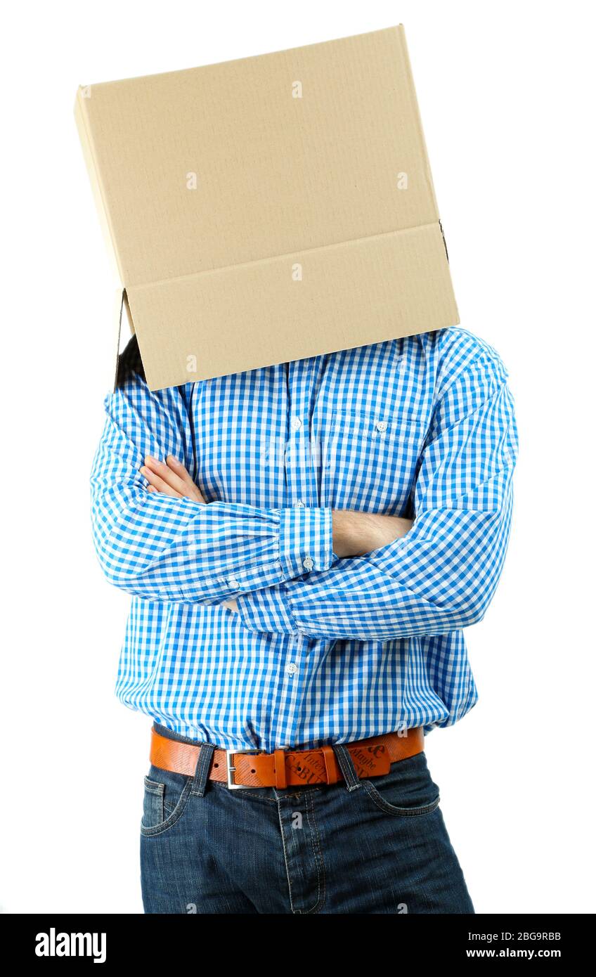 Man with cardboard box on his head isolated on white Stock Photo - Alamy