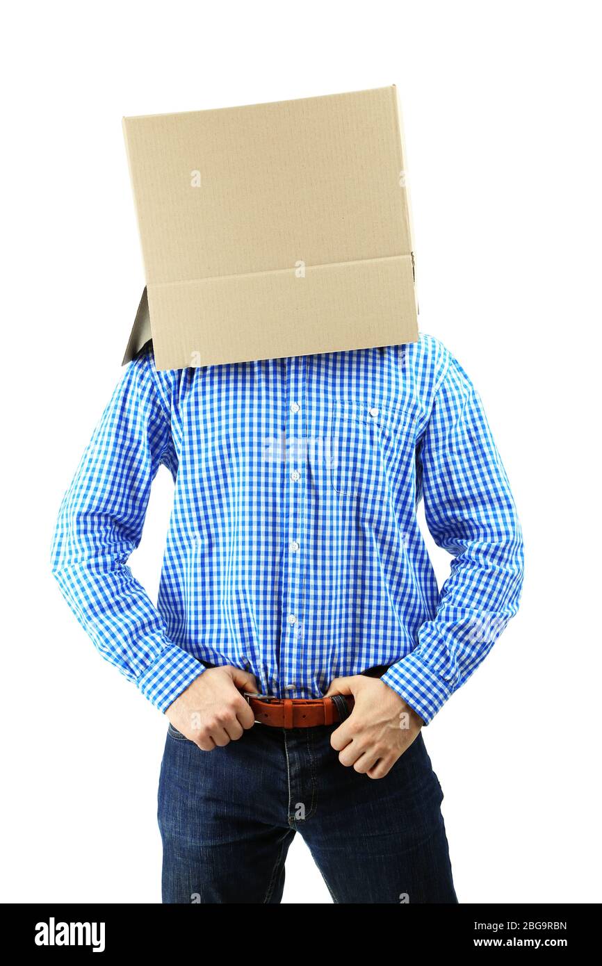 Man with cardboard box on his head isolated on white Stock Photo - Alamy