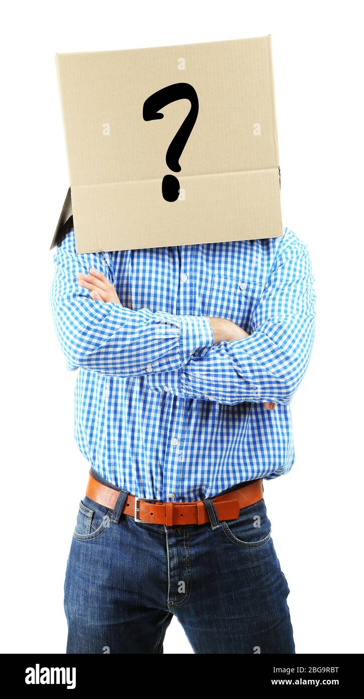 Man with cardboard box on his head isolated on white Stock Photo - Alamy