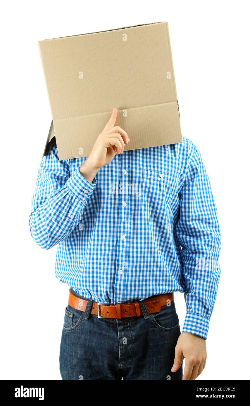 Man with cardboard box on his head isolated on white Stock Photo - Alamy