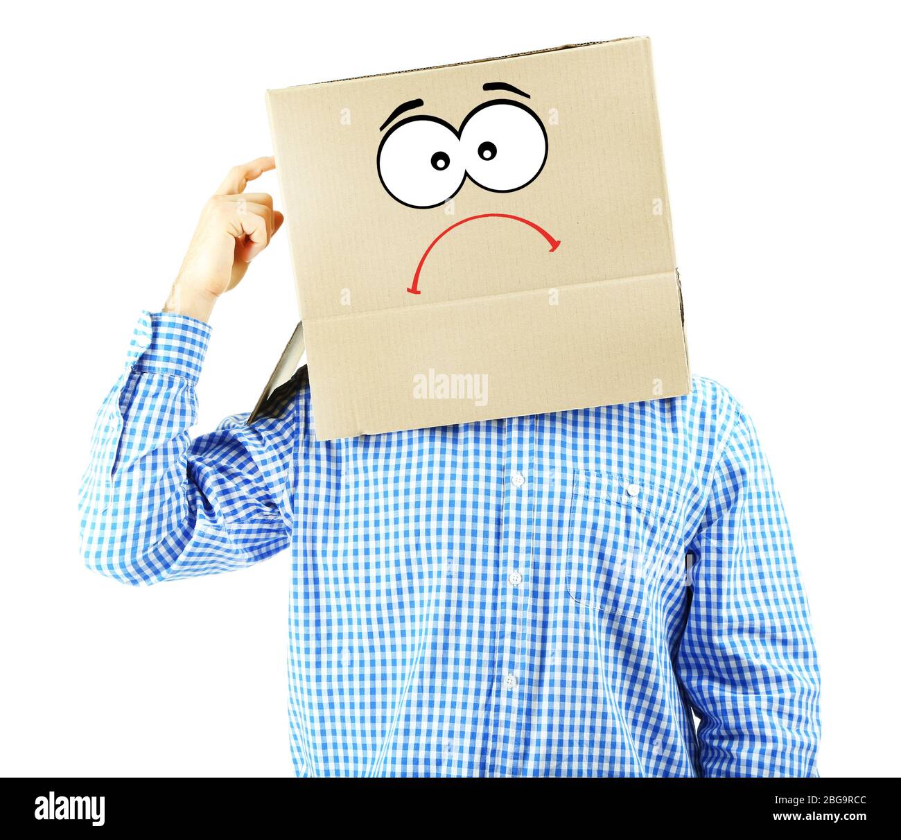 Man with cardboard box on his head isolated on white Stock Photo - Alamy