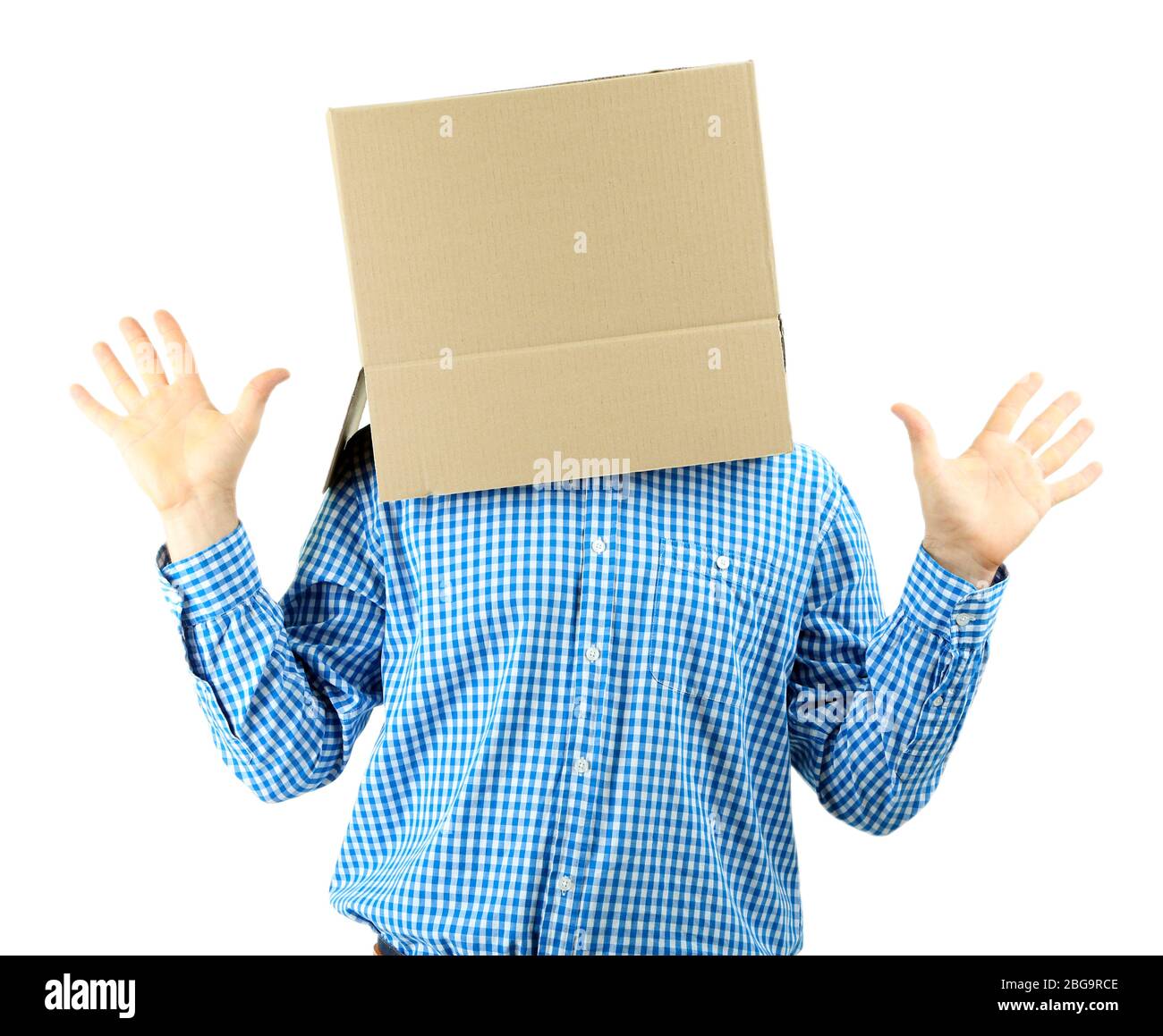 Man with cardboard box on his head isolated on white Stock Photo - Alamy