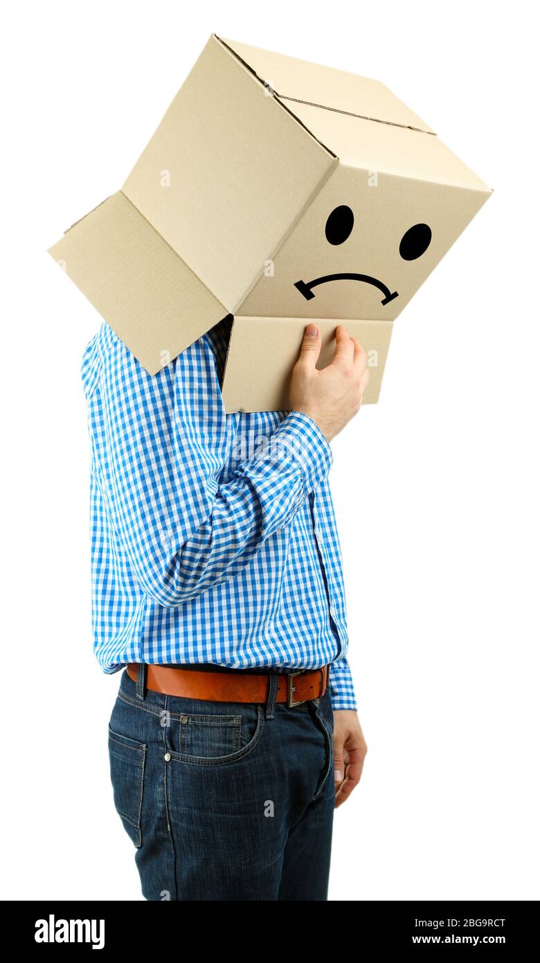 Man with cardboard box on his head isolated on white Stock Photo - Alamy