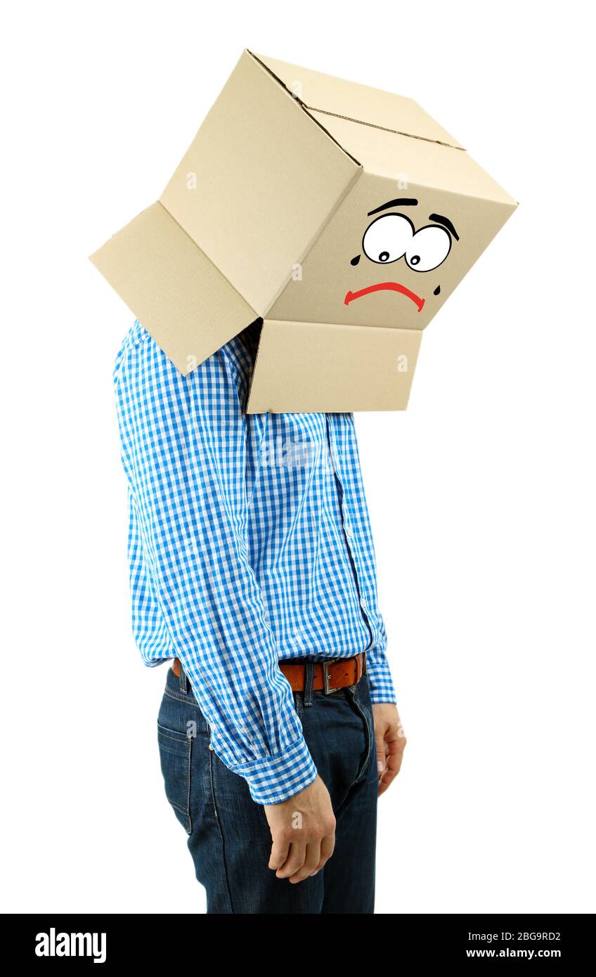 Man with cardboard box on his head isolated on white Stock Photo - Alamy