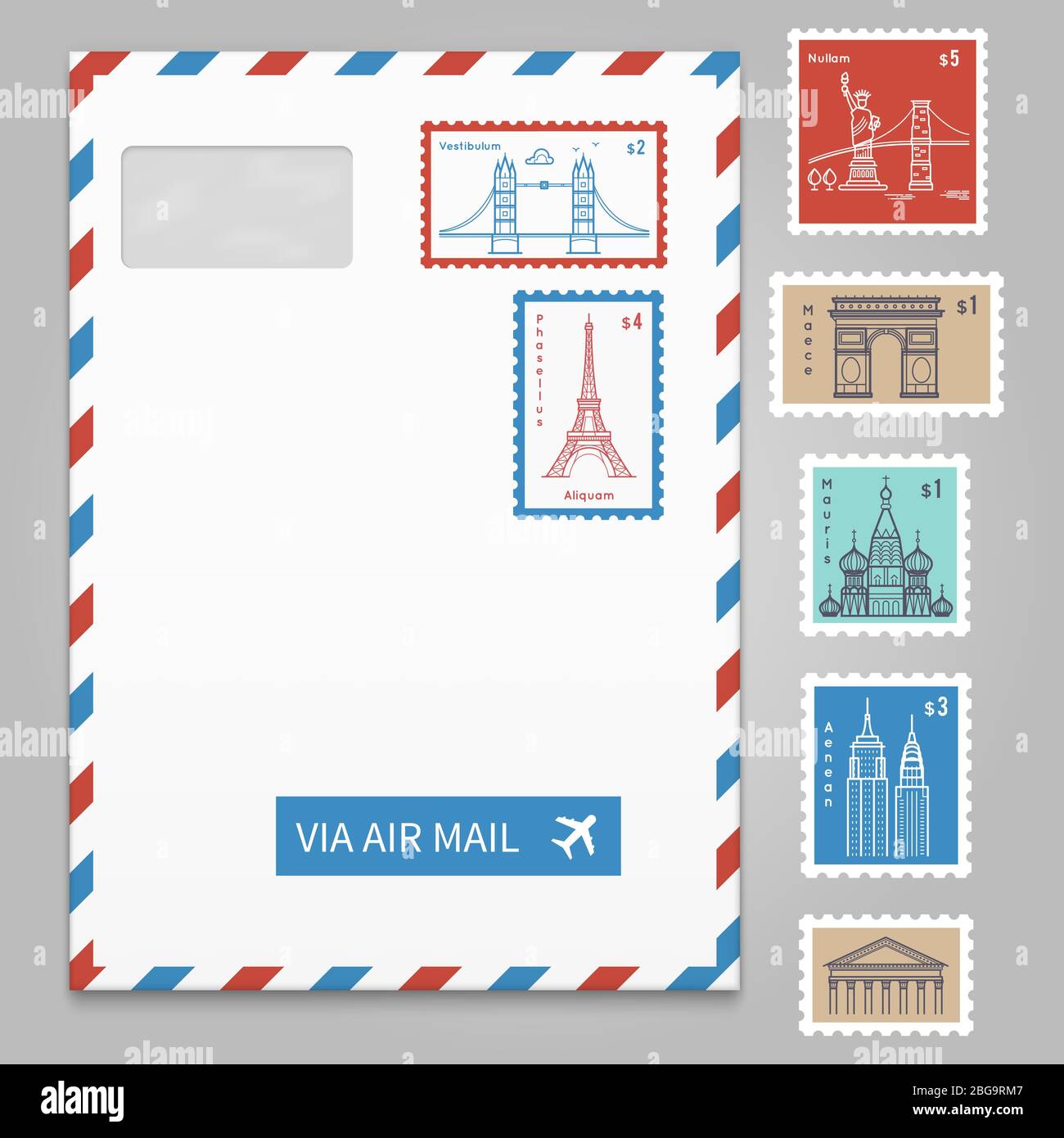 Envelope with postage stamps with line travelling city national landmarks. Vector illustration Stock Vector