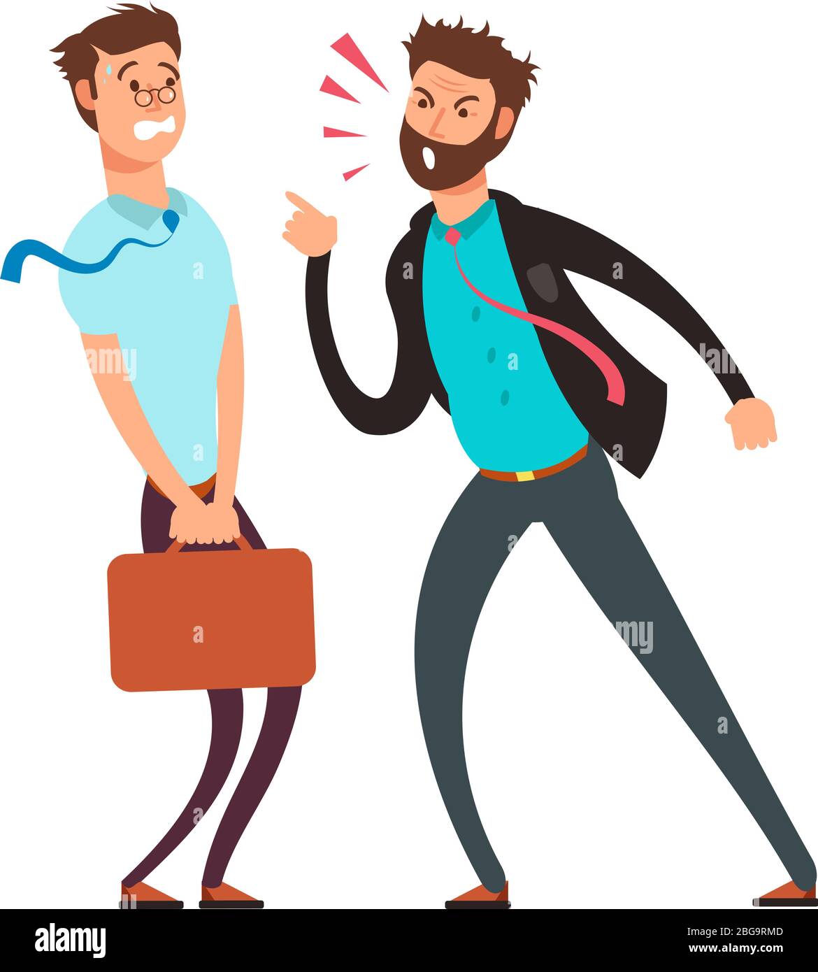 Big angry boss screaming out on employee. Cartoon business vector concept. Illustration of angry boss and employee worker Stock Vector