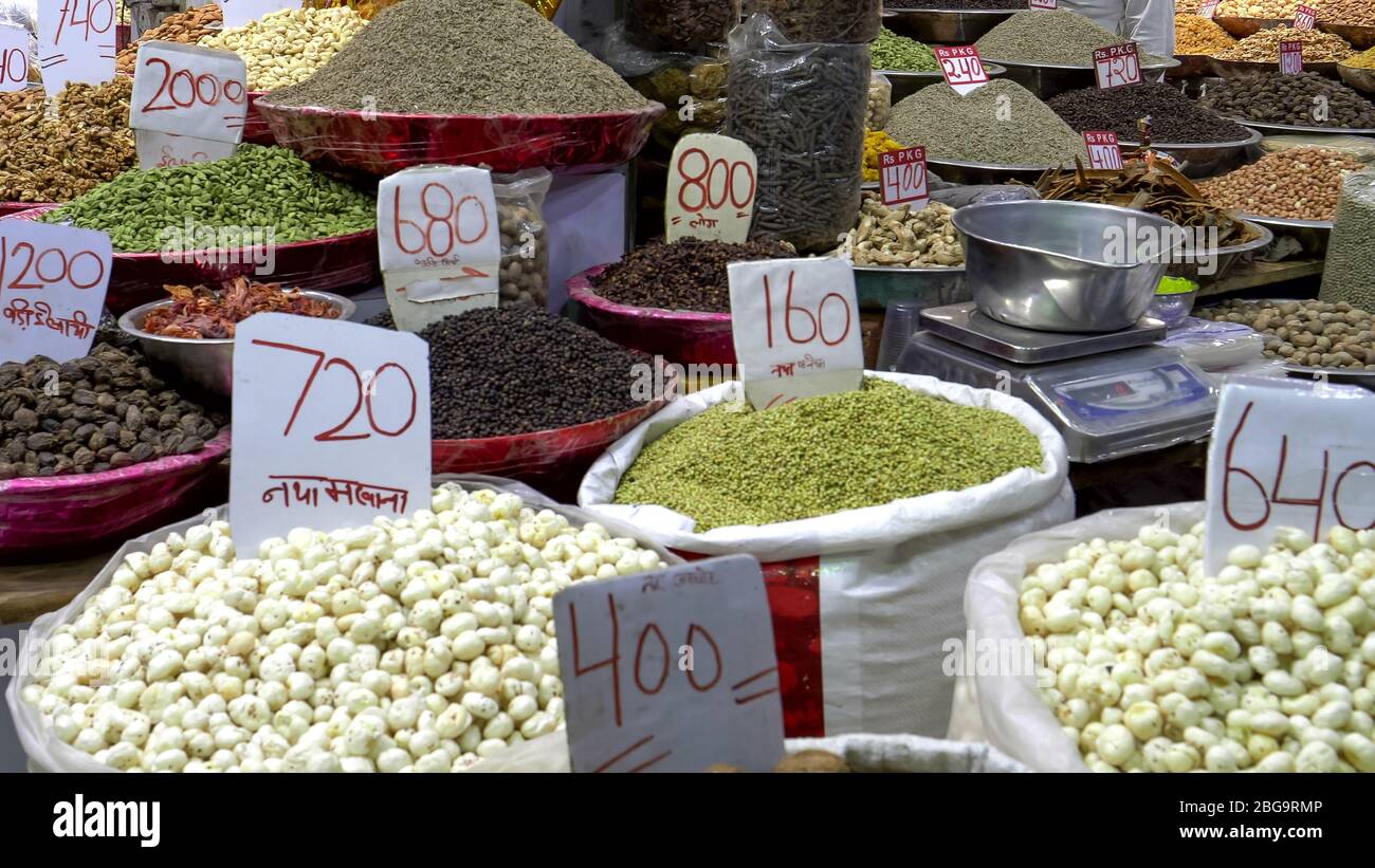 dried fruit and nuts on display at the spice market in old delhi Stock