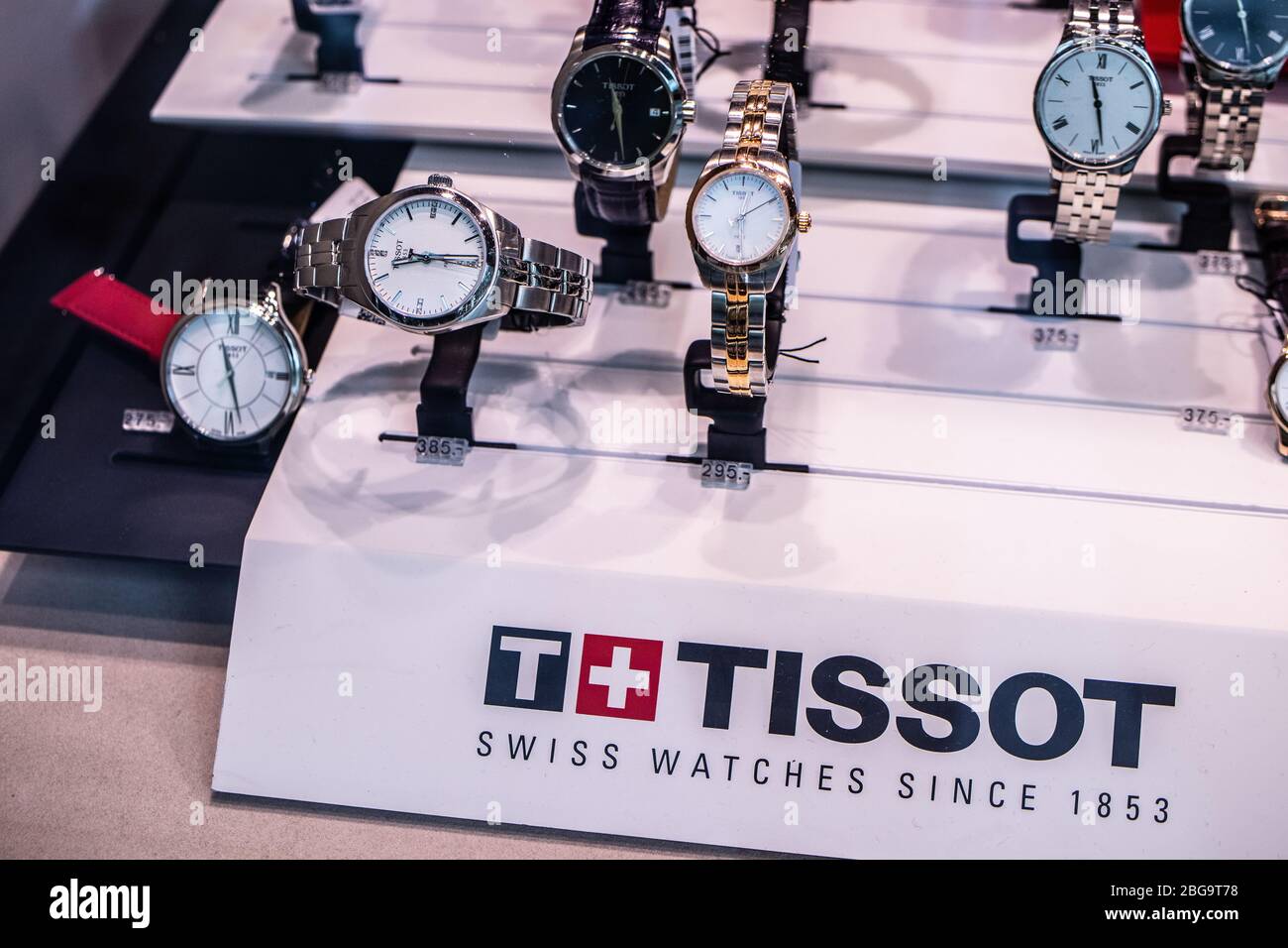 Tissot watch, window store with fashionable mechanical watches for sale, Tissot is a luxury Swiss watch manufacturer Stock Photo