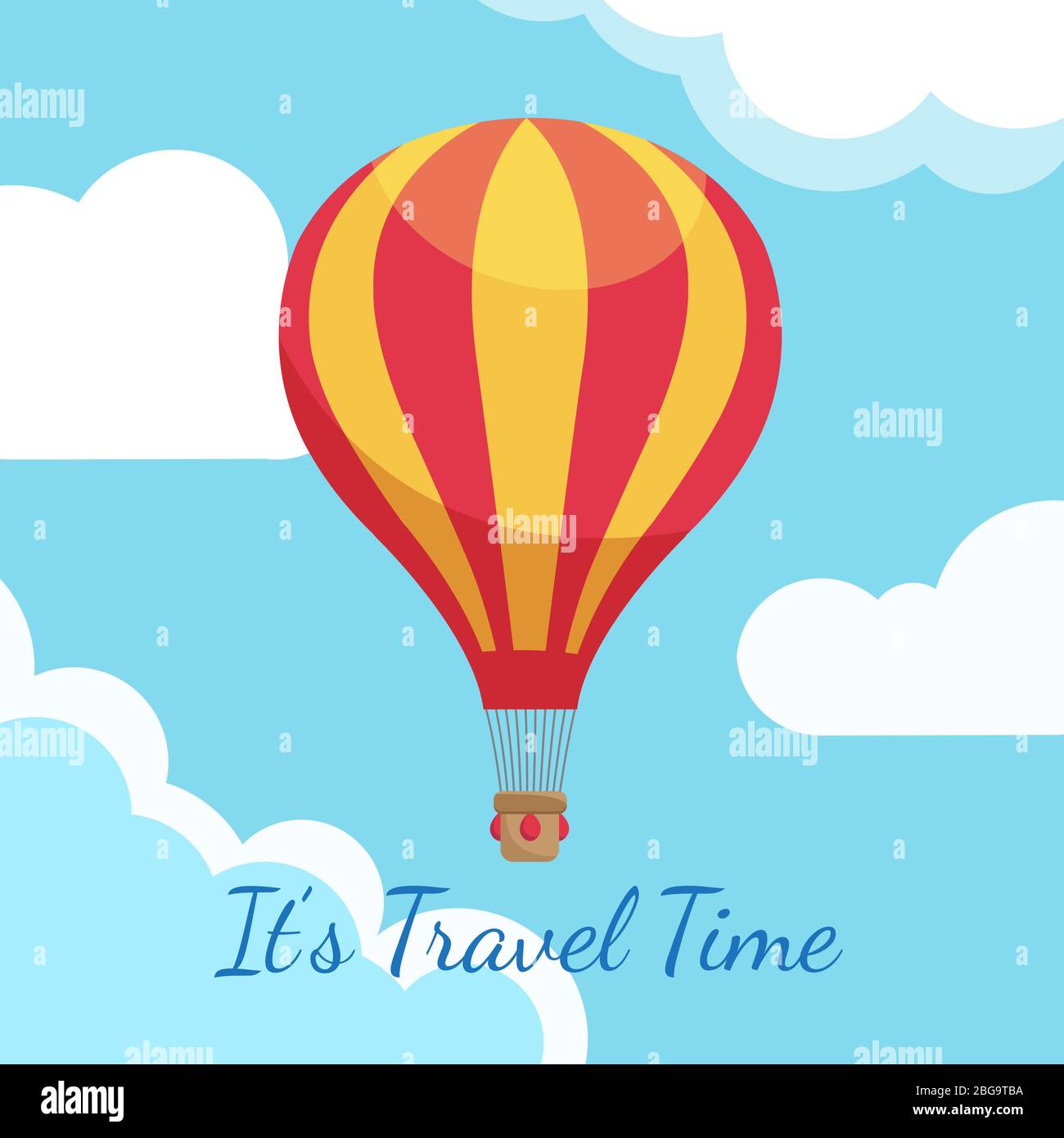 Cartoon hot air balloons in blue sky with clouds vector illustration. Air balloon in blue sky, travel time banner Stock Vector