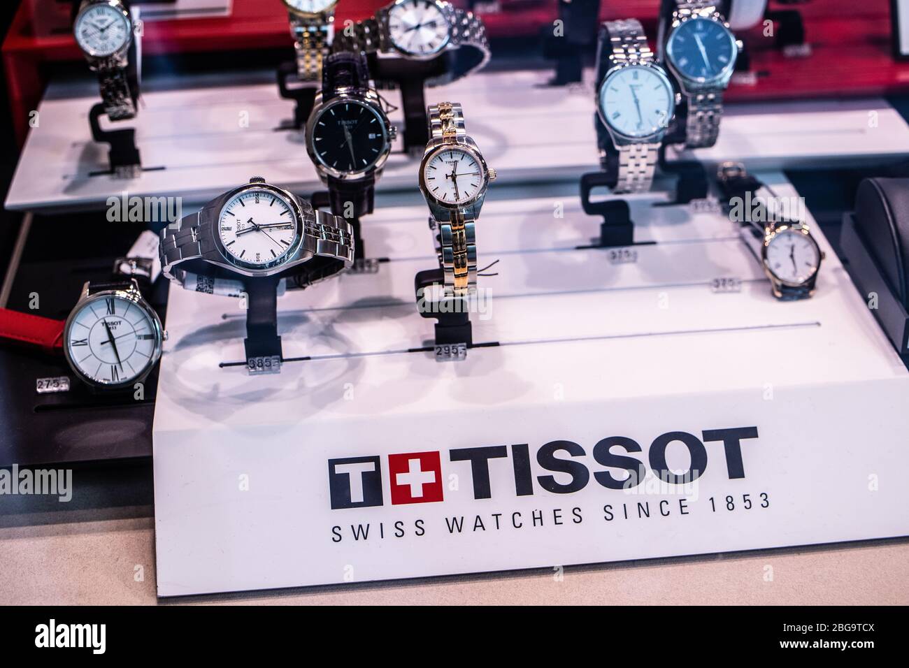 Tissot watch, window store with fashionable mechanical watches for sale, Tissot is a luxury Swiss watch manufacturer Stock Photo