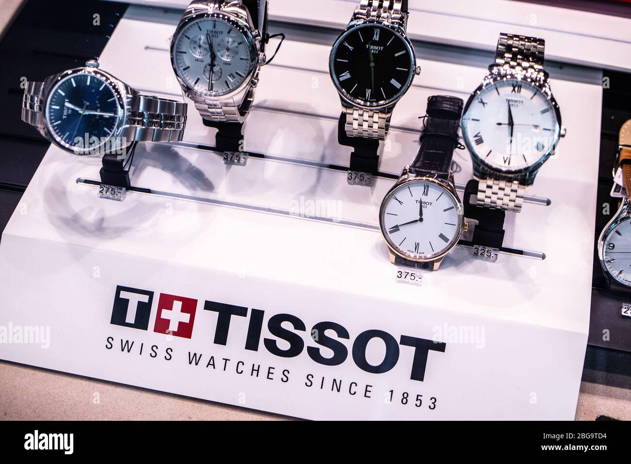 Tissot watch, window store with fashionable mechanical watches for sale, Tissot is a luxury Swiss watch manufacturer Stock Photo