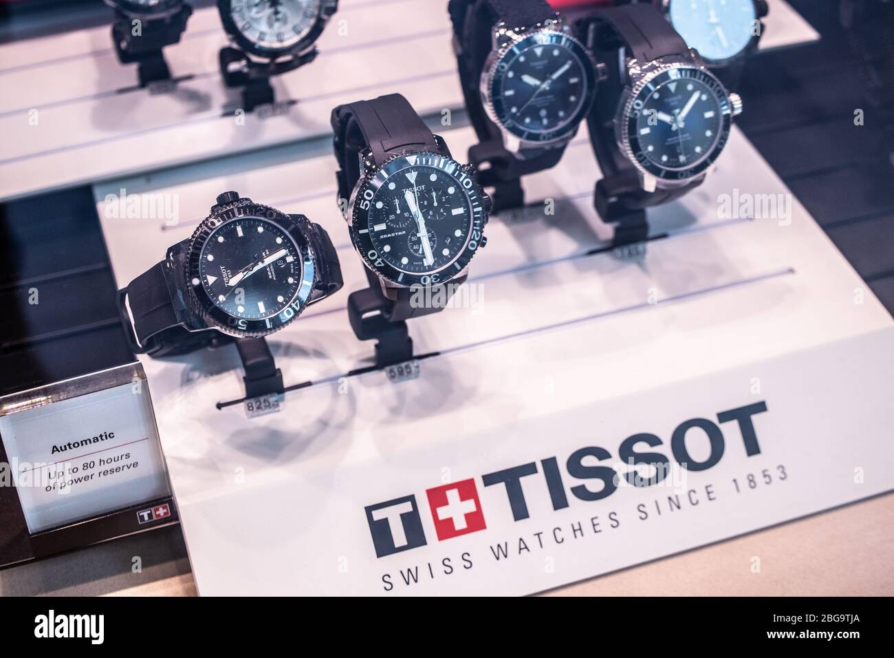 Tissot watch, window store with fashionable mechanical watches for sale, Tissot is a luxury Swiss watch manufacturer Stock Photo