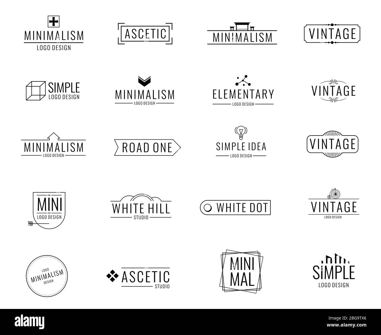Modern minimal business vector logos. Brand emblem in minimalism design style. Minimal emblem and logotype company, badge branding minimalism style illustration Stock Vector