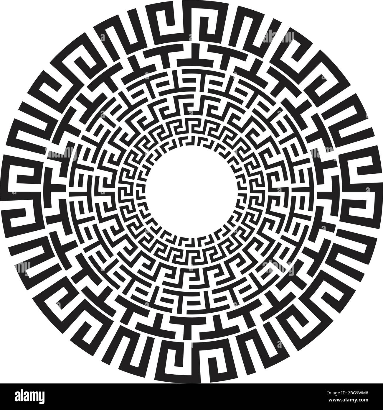 Ancient Greek round meander key black and white vector pattern. Illustration of greek ancient frame round pattern Stock Vector