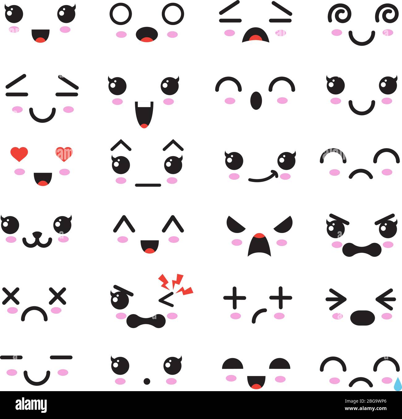 Kawaii cute faces. Manga style eyes and mouths. Funny cartoon japanese emoticon in in different expressions. Expression anime character and emoticon face illustration Stock Vector