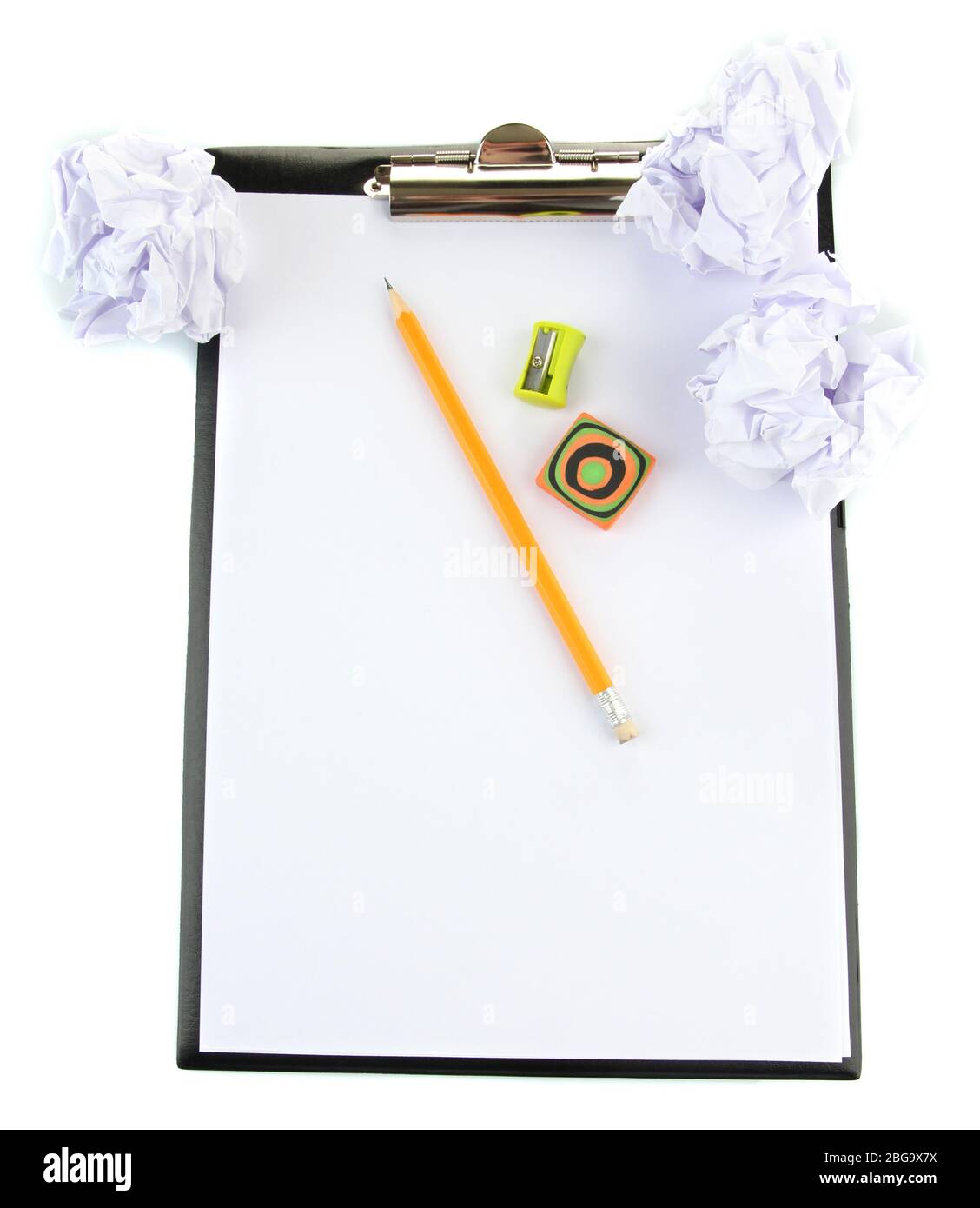 Crumpled paper balls with pencil and clipboard isolated on white Stock ...