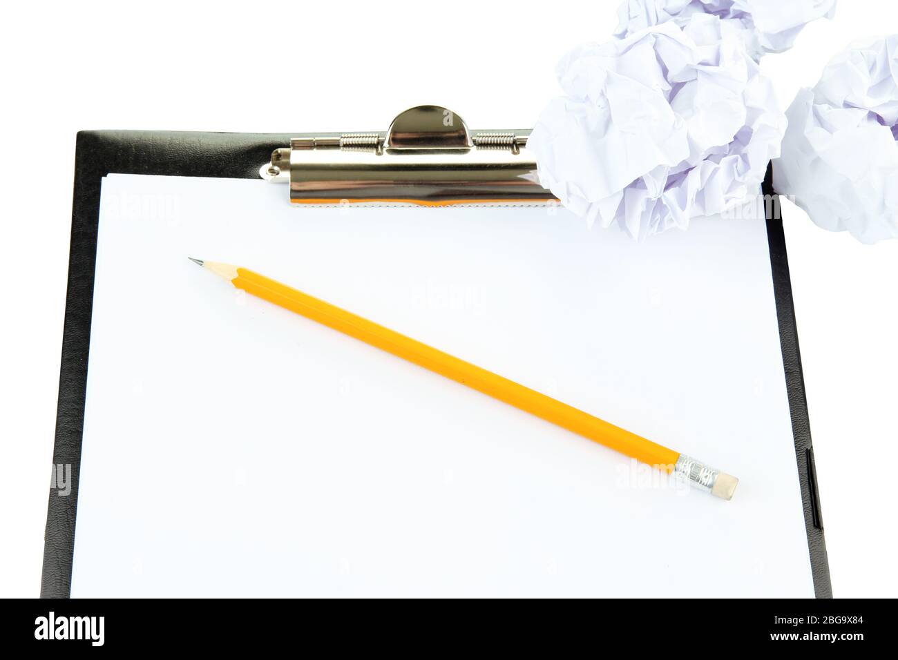 Crumpled paper balls with pencil and clipboard isolated on white Stock ...