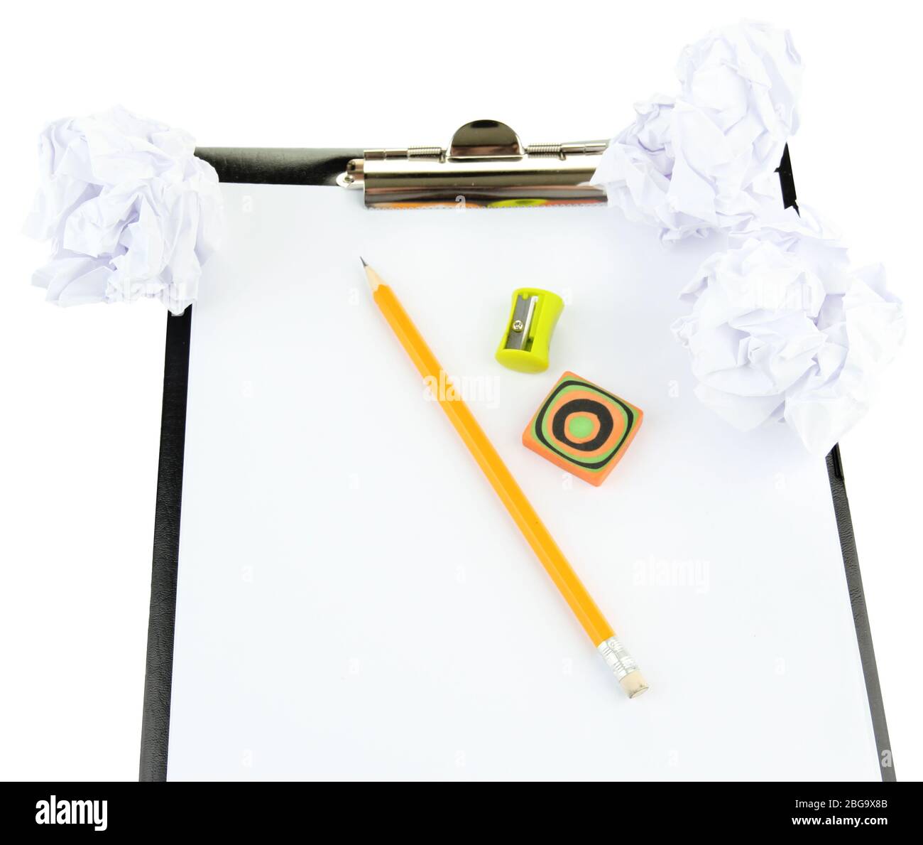 Crumpled paper balls with pencil and clipboard isolated on white Stock ...