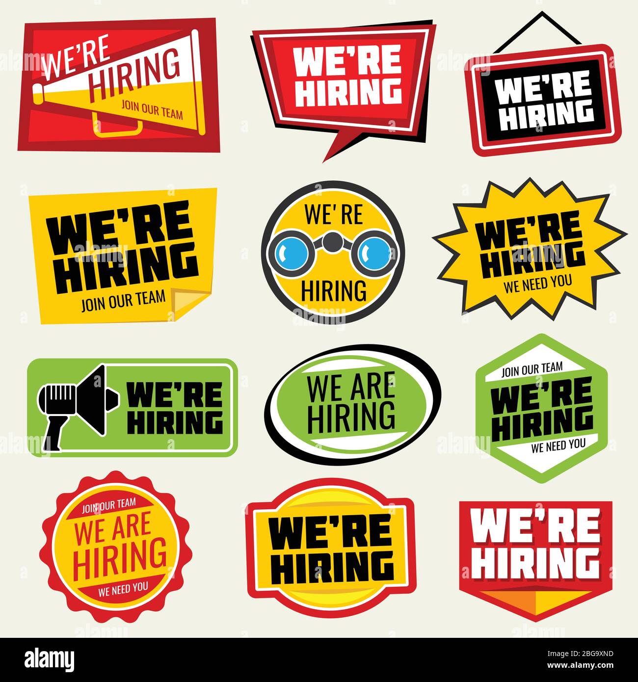 Now hiring vector signs. Employment opportunity stickers. We hiring sticker, job and employment recruitment illustration Stock Vector