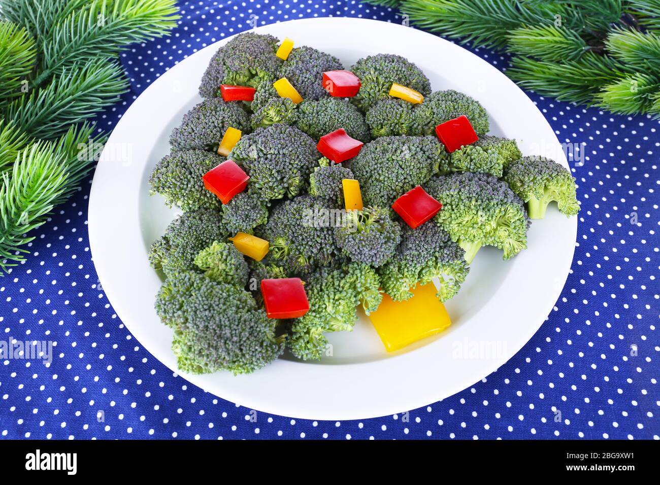 Christmas tree from broccoli on table close-up Stock Photo