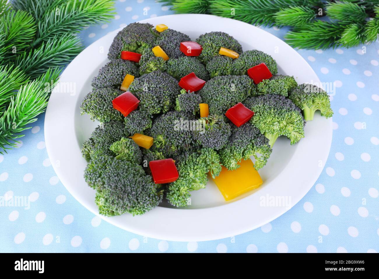 Christmas tree from broccoli on table close-up Stock Photo